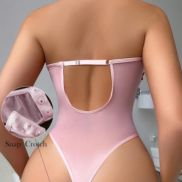 Barbie pink embroidered floral bodysuit lingerie Pinup romper sexy babydoll mesh - Picture 2 of 2